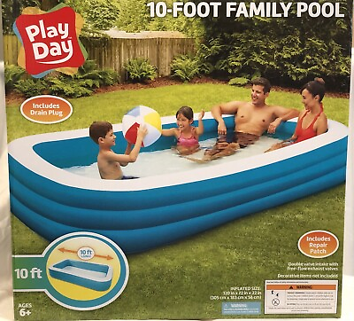 Play Day Inflatable 10#x27; Foot Rectangular Family Pool 120quot;x72quot;x22quot; New In Box