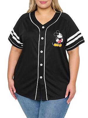 #ad Disney Mickey Mouse Black Baseball Jersey Shirt Button Down Women#x27;s Plus Size