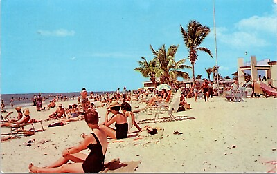 Fort Myers FL Beach In Winter Swimming Crowd Palms Florida Postcard 341b
