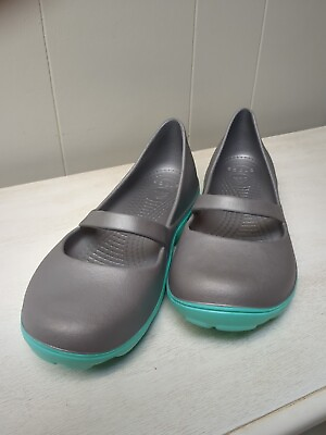 #ad Crocs Duet Sport Mary Jane Shoes Silver Aqua Slide On Comfort Size 8