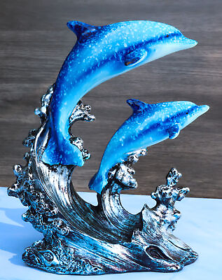 #ad #ad Nautical Marine Sea Ocean 2 Blue Dolphins Swimming Over Reef Waves Figurine