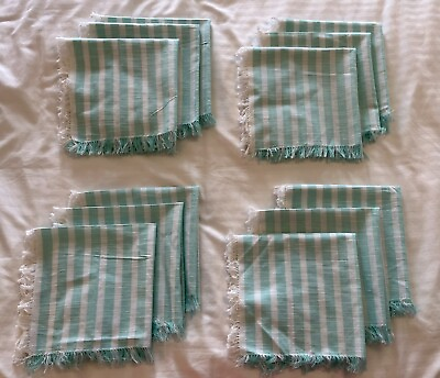 #ad Aqua Pool Blue White Stripe Fringe Set of 12 Cloth Napkins 20” New 100% Cotton