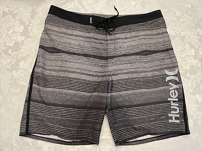#ad HURLEY Phantom Gray Black Striped Men’s Size 38 Unlined Board Swim Surf Shorts