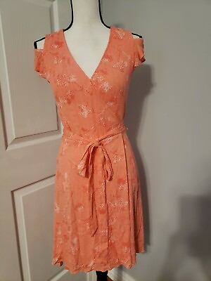 #ad Halston Above Knee Lined Wrap Ruffle Open Sleeve Orange Flowy NWT Dress Size XS
