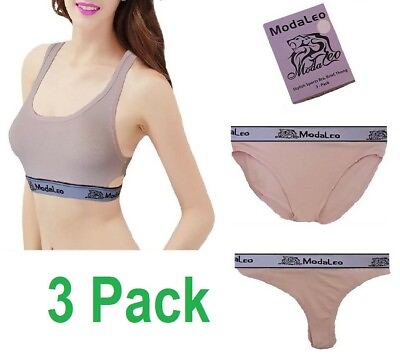 Women#x27;s Sports Bra Brief Thong 3 Pack Non Wired Running Gym Swimming Light Pink