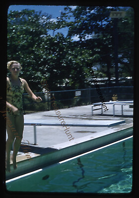 #ad #ad Woman Jumping Into Pool Diving Board 1950s 35mm Slide Red Border Kodachrome