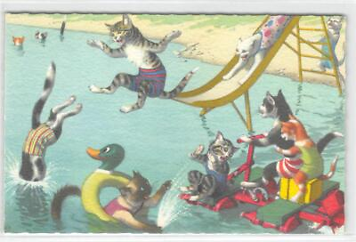 #ad #ad Cats Swimming Water Slide Mainzer Belgium #4888 Vintage Fantasy Anthropomorphic