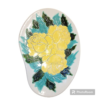 #ad VTG Pottery Kidney Shaped Hanging Plate Boho Cottagecore Yellow Flowers