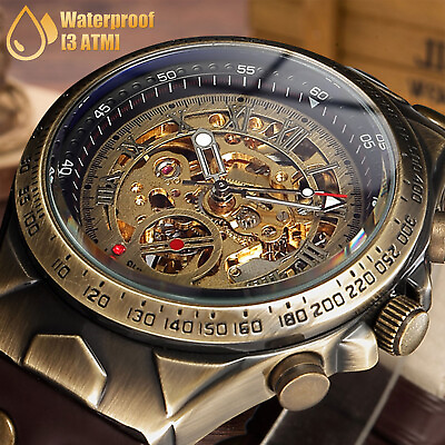 #ad Luxury Men#x27;s Automatic Mechanical Wrist Watch Leather Strap Retro Skeleton Dial