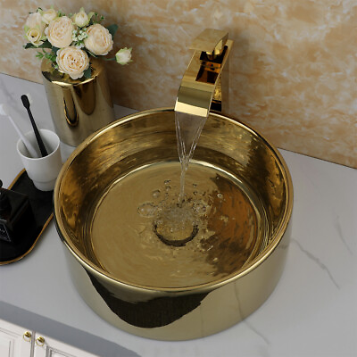 #ad US Vessel Bathroom Ceramic Basin Sinks Above Deck Mounted Lavatory Gold set