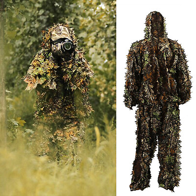 #ad 3D Ghillie Suit Set Sniper Train Leaf Jungle Forest Wood Hunting Camouflage
