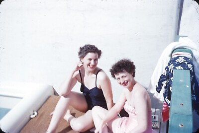 Pretty Women By Swimming Pool on Cruise Ship 1950s Red Border Vintage 35mm Slide