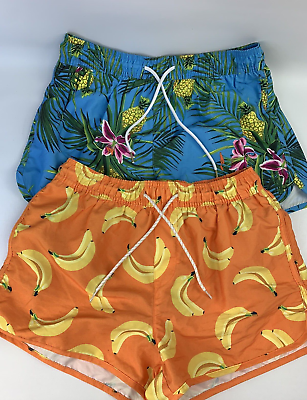 #ad 2x Hamp;M Casual Swimming Mesh Lined Trunk Shorts Summer Hawaii Bananas Mens S z783