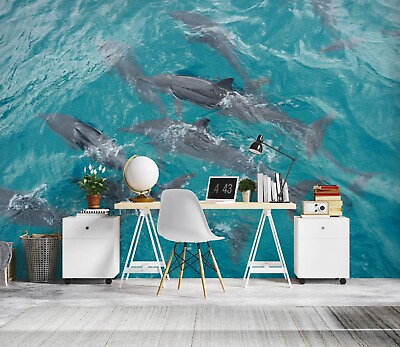 #ad 3D Dolphin Swimming G9058 Wallpaper Wall Murals Removable Self adhesive Honey