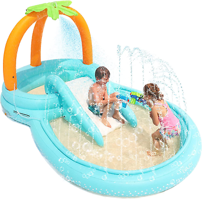 #ad #ad Kiddie Pool Inflatable Play Center Kids Pool with Slide Water Sprayers Thicke