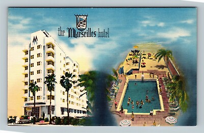 #ad Miami Beach FL Marseilles Hotel Beach Pool Swimming Florida Vintage Postcard
