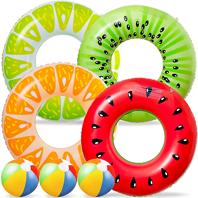 #ad 7PCS Fruit Pool Floats: Watermelon Kiwi Orange Lemon Swimming Rings with 13.5quot; B