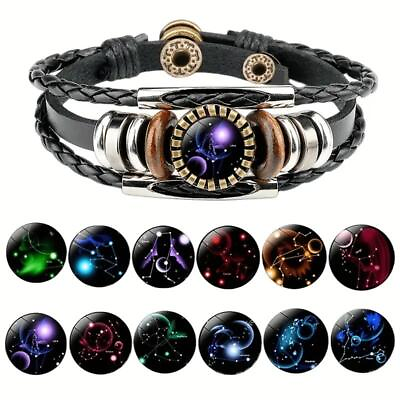 #ad #ad Black 12 Zodiac Sign Constellation Beaded PU Leather Charm Bracelet Gift Stylish