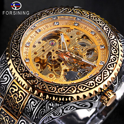FORSINING Men#x27;s Luxury Diamond Carved Skeleton Automatic Mechanical Wrist Watch
