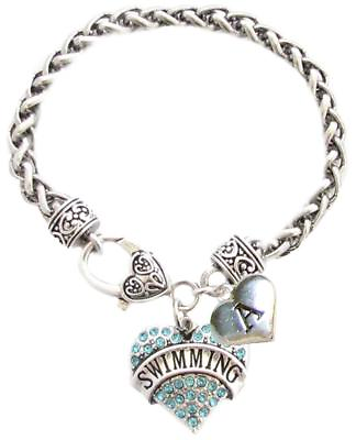 #ad Custom Swimming Blue Heart Charm Bracelet Jewelry Choose Initial All 26 Swimmer