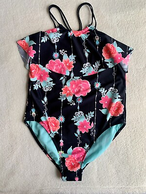 #ad #ad Girls Swimsuit One Piece Black Pink Ruffle 12 14 Used Pool Beach