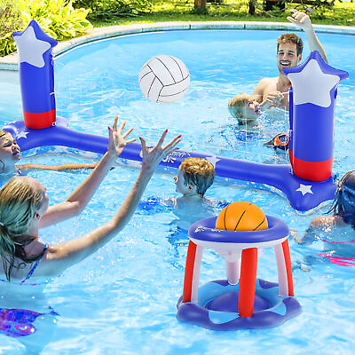 #ad Inflatable Pool Volleyball Net Basketball Hoops Float Set Swimming Pool Toy Game