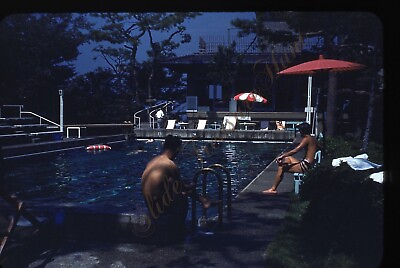 #ad Swimming Pool Men Concrete 1950s Slide 35mm Red Border Kodachrome