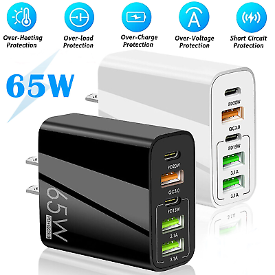 65W 5USB Type C Fast Wall Charger PD QC3.0 Adapter For MacBook iPhone Samsung US