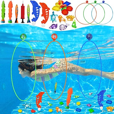 #ad 26PCS Swimming Thru Pool Diving Game Toys with Dive Rings for Boys Girls Kids