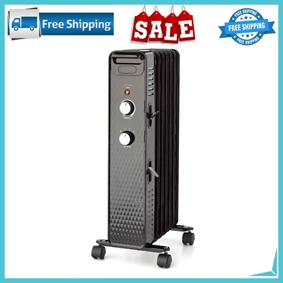 Electric Space Heater Mechanical Oil Filled Radiator 1500W Portable Floor Black
