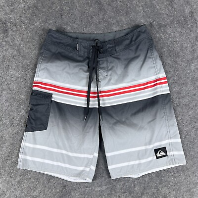 #ad Quicksilver Board Shorts Mens 30 Gray Red Striped Swim Trunks Pocket Drawstring