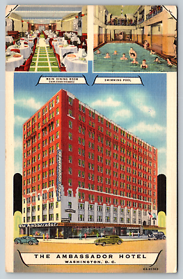 #ad Room Ambassador Hotel Washington DC Swimming Pool Dining c1940s Vintage Postcard
