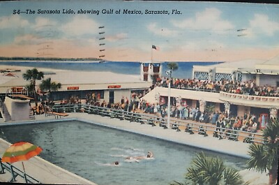 #ad Sarasota FL. Lido Pool 1942 Linen Postcard Florida