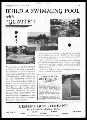 #ad 1937 Cement Gun Gunite Swimming Pool Allentown PA 1930s VTGphoto trade print ad