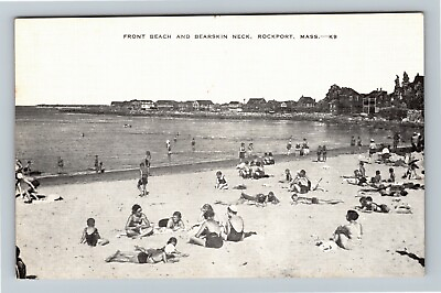 #ad Rockport MA Massachusetts Swimming At Front Beach Bearskin Neck Linen Postcard