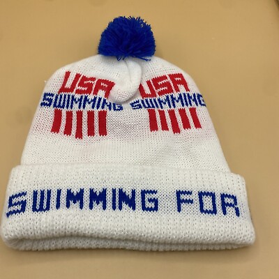 #ad USA swimming “swimming for America” retro stocking hat w pom red white blue