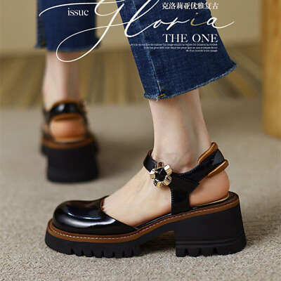 #ad Women Anti Slip Sandals Retro Pu Leather High Heels Summer Pump Slingback Shoes