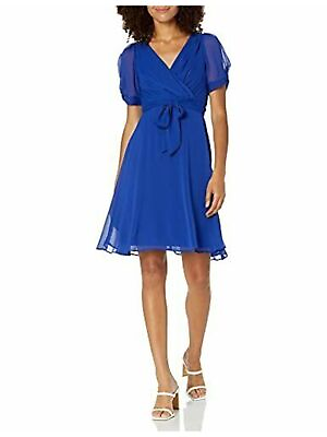 #ad DKNY Womens Knot Belt Pouf V Neck Above The Knee Wear To Work Fit Flare Dress