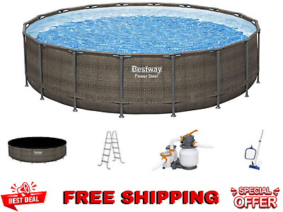 #ad NEW Bestway 18#x27; x 48quot; Power Steel Large Round Pool Set w Pump Ladder amp; Cover NEW