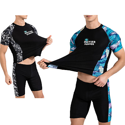Swimming 2Pcs Men Swimwear for Beach Top and Shorts Set T shirt Print for Pool