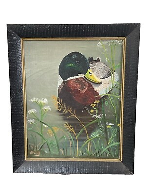 #ad #ad Vintage MCM Oil Painting Framed Mallard Swimming in Marsh Wildlife Signed