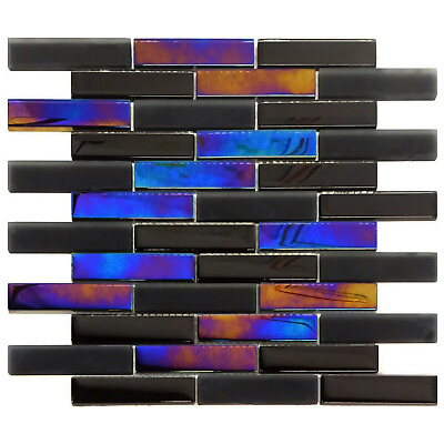 Black Iridescent Glass Mosaic Brick Joint Backsplash Kitchen Wall Pool Tile