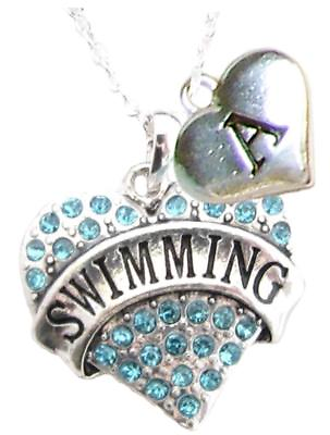 #ad Custom Swimming Blue Heart Silver Necklace Swimmer Choose Initial Charm All 26