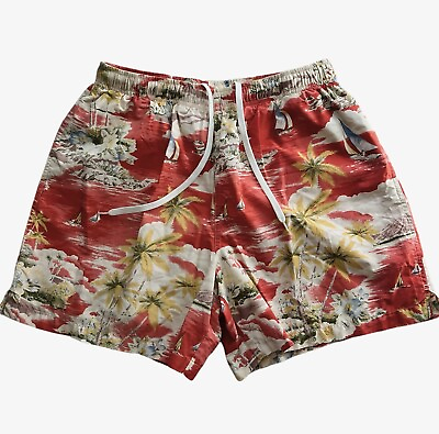 #ad Men’s Swim Trunks Board Shorts Hawaiian Tropical Sailboats Floral Size Large