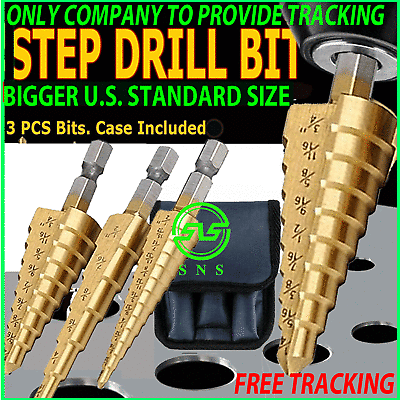 3Pcs Drill Bit Set Titanium Nitride Coated Steel Step Quick Change 1 4 Shank HSS