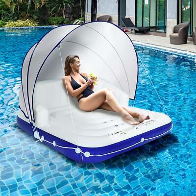 #ad 2 3 Person Inflatable Swimming Pool Float Lounge with Sun Shade Canopy Island