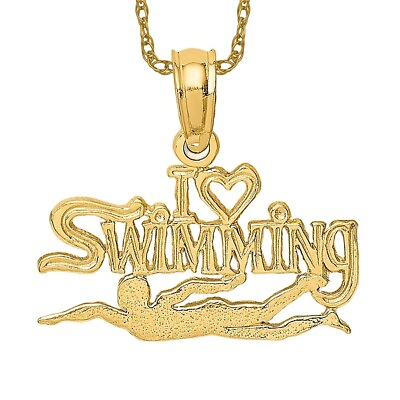 #ad 14K Yellow Gold I Love Heart Swimming Necklace Water Charm Sports Pendant