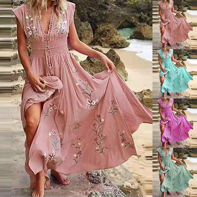 #ad Womens Boho Floral Maxi Dress Ladies V Neck Summer Beach Holiday Long Sundress
