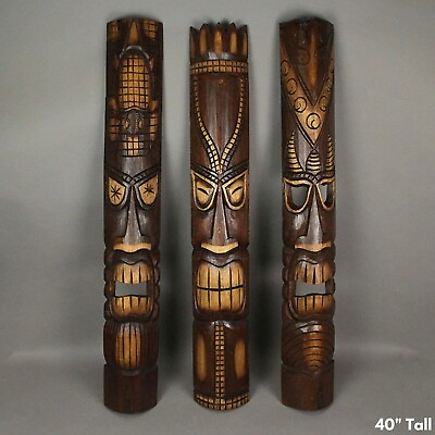 Hawaiian Tiki Mask Totem Wall Pool Decor Hand Carved Tropical Tribal Sculpture