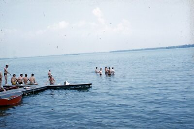 #ad Kodak 35mm Slide 1950s Red Border Kodachrome Men Swimming in Lake Sitting Dock